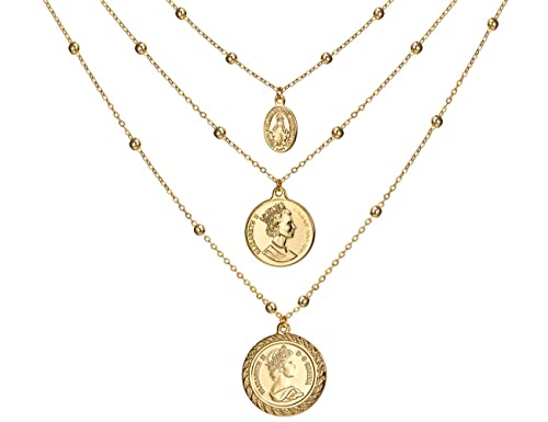 6PCS Layered Gold Necklaces for Women Trendy, 18K Gold Plated Cross Pendant Necklace Set, Vintage Chunky Gold Necklace Stack for Women Jewelry Gifts - style: Layered Coin Necklace