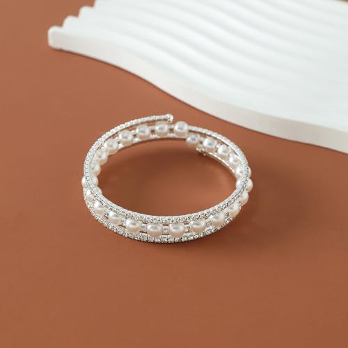 Silver Pearl Bracelet for Women Sparkly Stretch Rhinestone and Pearls Bangle Cuff Adjustable Faux Diamond CZ Bracelets Bling Wedding Costume Jewelry - color: Silver