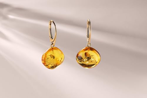 Leverback Dangle Earrings for Women – Gold-Plated 925 Silver Drop Earrings with Natural Yellow Baltic Amber Piece, Lightweight Jewelry with Secure Closure for Everyday Elegance - color: Amber Cushion