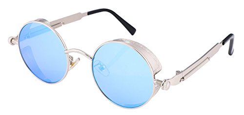 FEISEDY Retro Gothic Steampunk Sunglasses Round Metal Frame Punk Circle Inspired Shade Men B1857 - color: Silver/Blue