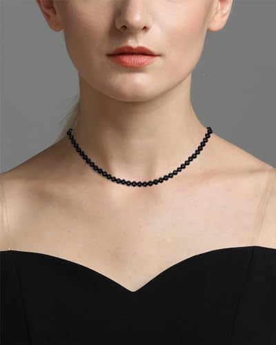 Simple Choker Necklace for Women Real Stone and Crystals Necklaces 4mm Beaded Choker Jewelry Meditation Gift for Women (16"+2") - style: Black Agate