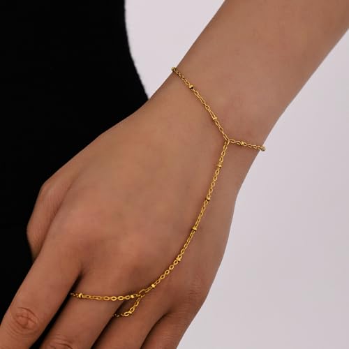 Hand Chain Bracelet Stainless Steel Finger Ring Bracelet Adjustable Gold Plated Hand Chain CZ Stackable Boho Minimalist Jewelry for Women - color: Gold Hand Chain Bracelet AN123G