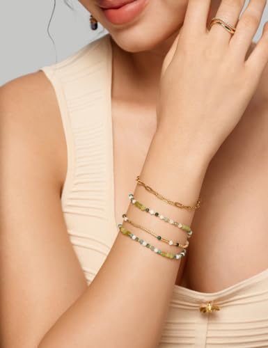 Beaded Bracelets for Women Small Blue Glass Beaded Stretchy Seed Bracelets Stackable Natural Gemstone Crystal 14K Gold Plated Beads Summer Boho Jewelry Gift - color: African turquoise