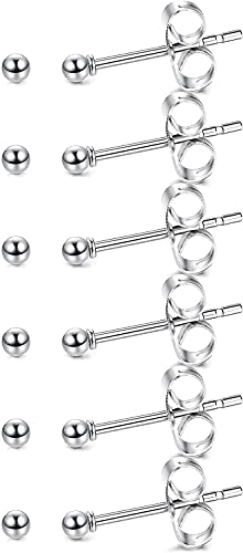 14K Gold Filled Polished Small CZ Pearl Ball Stud Earrings Set for Women Men 20G Surgical Steel Hypoallergenic Piercing Studs for Sensitive Ear, Pack of 6 Pairs - style: P : 2MM Silver Ball Set
