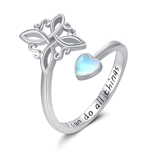 Witches Knot Ring 925 Sterling Silver Adjustable Black Onyx/Turquoise Gravel/Moss Agate/Turquoise/Moonstone Witch Ring Celtic Knot Amulet Wiccan Pagan Protection Jewelry Gifts for Women - style: Moonstone
