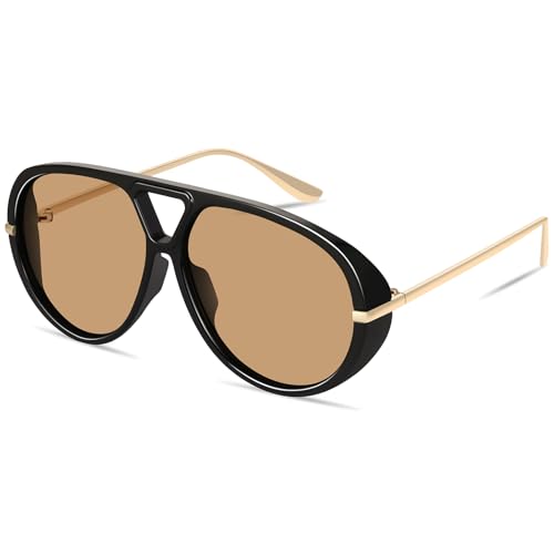 GRFISIA Retro Oversized Aviator Sunglasses for Women Men Metal 70s Aviators 2026 Fashion Shades for Beach Vacation UV400 - color: (1pcs) Black/Brown