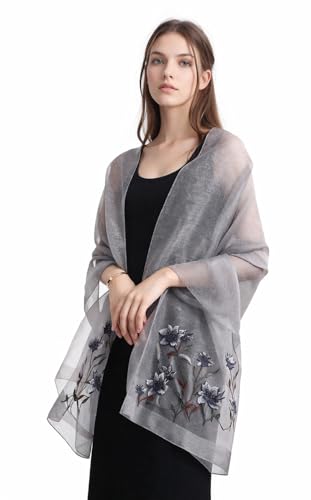 Jeelow Silk Blend Floral Fashion Scarf Shawl Wrap Lightweight Sheer For Women Floral Embroidery Wedding Party Prom - color: Grey 1