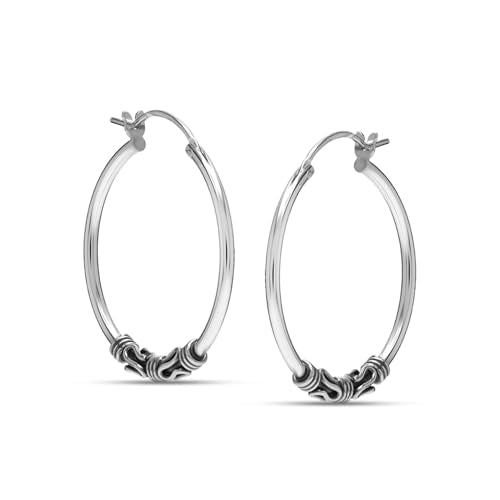 Charmsy 925 Sterling Silver Oxidized Balinese Hoop Earrings for Women | Lightweight Click Top Antique Oxidized Balinese Hoops Earring | Sise 30-60mm - color: Balinese Hoop-25MM/0.98"