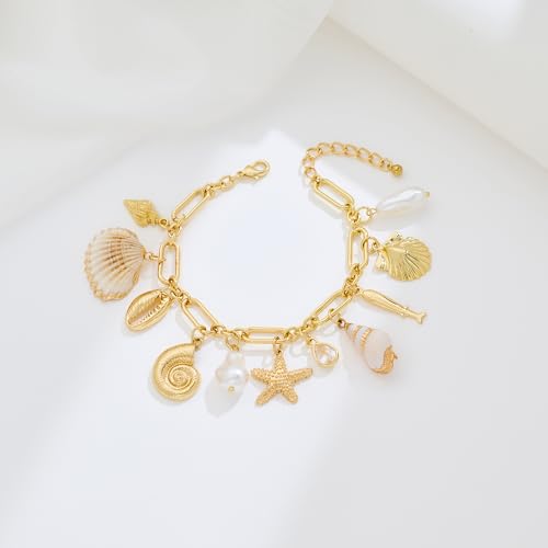 Gold Charm Bracelet for Women Boho Adjustable Shell Starfish Bracelet Summer Beach Ocean Statement Bracelets - color: Chunky charms bracelet