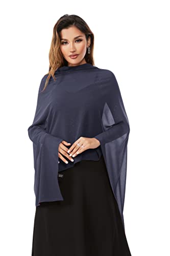 Shawls and Wraps for Evening Dresses Sheer Chiffon Women Elegant Soft Silky Sparkly Wedding Bridal Scarf - color: Navy B