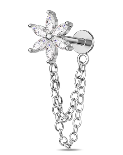 OUFER 16G Chain Cartilage Piercing Jewelry-316L Surgical Steel Gold Flat Back Push Pin Helix Earring, Star Clear CZ Double Chain Lobe Piercing Jewelry - style: Flower-Silver