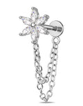 OUFER 16G Chain Cartilage Piercing Jewelry-316L Surgical Steel Gold Flat Back Push Pin Helix Earring, Star Clear CZ Double Chain Lobe Piercing Jewelry - style: Flower-Silver