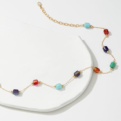 MTMY Beaded Necklaces for Women 14K Gold Plated Dainty Colorful Green/Rose Beaded Pearl Choker Necklace Delicate Boho Choker Necklace Jewelry Gift - style: mixed color cube