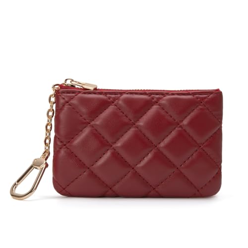 Quilted Faux Leather Coin Purse with Keychain - Small Coin Pouch Key Pouch Small Card Holder Keychain Wallet Change Purse for Women and Men (Wine Red) - color: Wine Red