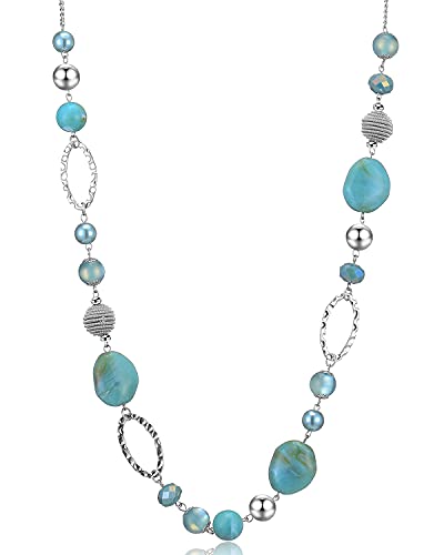 BULINLIN Beaded Long Necklace for Women Silver Sweater Chain Necklace with Crystal Resin Beads, Fashion Jewelry Necklace - color: Turquoise
