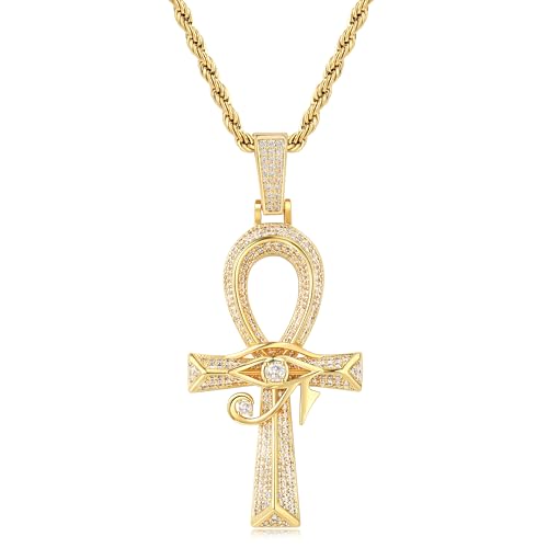 Eye of Horus Ankh Cross Pendant Necklace 18K White Gold Plated Iced Out CZ Bling Ancient Egyptian Religious Symbol Protection Chain Jewelry for Men Women Christmas Birthday Gift - color: 18K