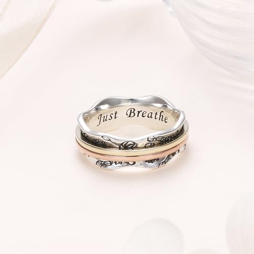 Ladytree Spinner Fidget Ring Sterling Silver Thumb Band for Women Anxiety Ring Platinum Plated Worry Stress Relief Just Breathe Boredom ADHD Autism Rings Boho Jewelry Gift - color: N-two tone lotus just breathe