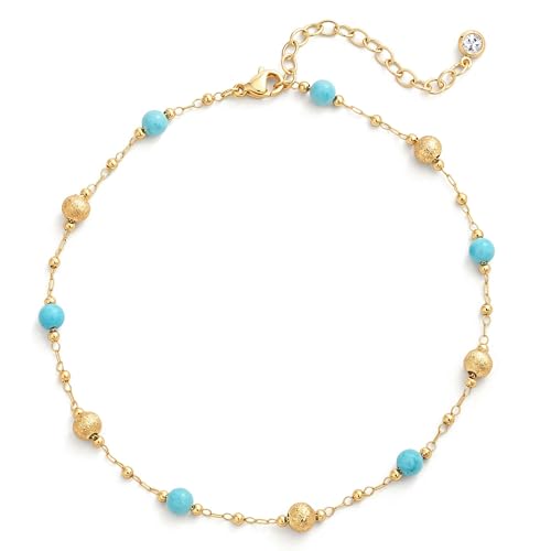 MTMY Gold Anklets for Women 14K Gold Plated Tiny Bead Anklet Colorful Tassel Foot Chain Dainty Adjustable Cute Summer Beach Boho Anklets Jewelry Gift - style: turquoise ball