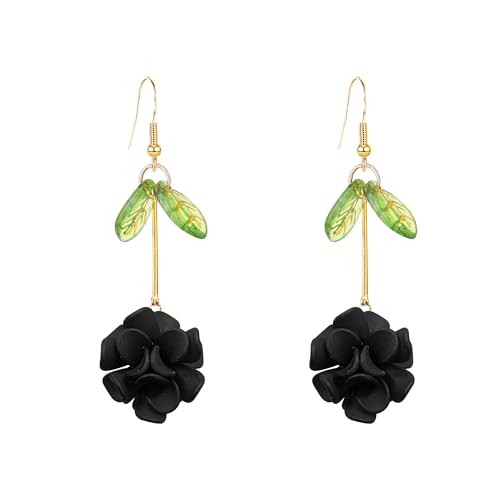 Resin Flower Cluster Ball Dangle Drop Earrings for Women Spring Summer Bohemian Floral Petal with Green Leaf Earrings Vacation Party Jewelry - color: Black