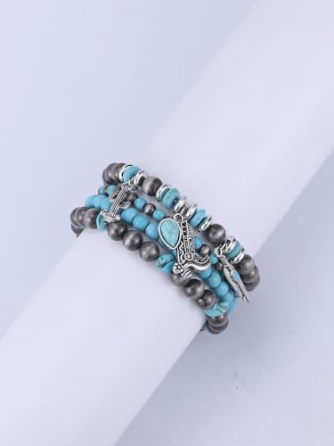 Western Outfit for Women Bohemian Vintage Stackable Turquoise Bracelet Rustic Beaded Cow Head Charm Stretch Bracelet Western Jewelry Country Concert Outfits for Women - style: Style4