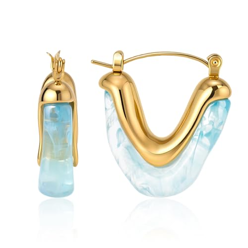 Fullpop Vintage Earrings for Women, Chunky 14K Gold Plated Resin Hoop Earrings Lightweight Hollow Drop Earrings Hypoallergenic Earrings for Women Vintage Anthropologie Jewelry Gifts for Women - size: V Shape Blue