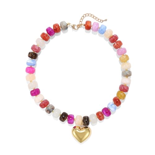 Elegance 11 designs Chunky Heart Necklace for Women, Colorful Acrylic Beaded Statement Puff Heart Necklace, Cute Boho Y2K Choker Necklace for Gift Jewelry - color: Gold Heart Pendant Necklace