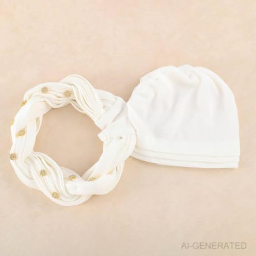 Woeoe Women African Turban Pre-Tied Twisted Beanie Cap Headwear Rhinestone Soft Stretchy Head Turbans - color: White