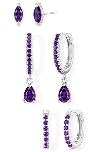 14K Gold Plated Small Huggie Hoop Earrings Set for Women, Hypoallergenic Dainty Sterling Silver Dangle Studs for Cartilage Helix, Lightweight Trendy Cute Stack Birthstone Jewelry Gift - color: 02_Amethyst_Feb_Silver