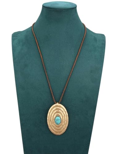 GelConnie Leather Necklace for Women Round Wooden Pendant Long Leather Choker Vintage Sweater Necklace Gold Chunky Boho Necklaces for Women - style: Gold Boho Pendant Necklace