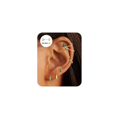 7Pcs Earring Stacks Cartilage Helix Flat Back Hoop Set For Women Stud Small Huggie Chain Multiple Piercing 14K Gold Plated Jewelry Triple Cubic Zirconia - color: 14K Gold Plated (Emerald), size: Flat Back