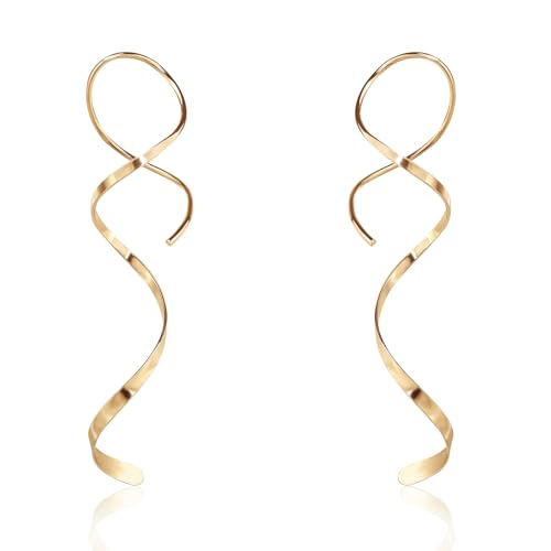 Handmade Spiral Threader Earrings Sterling Silver Hypoallergenic Twisted Pull Through Drop Dangle Earrings for Women - Silver & Gold - color: Long Gold