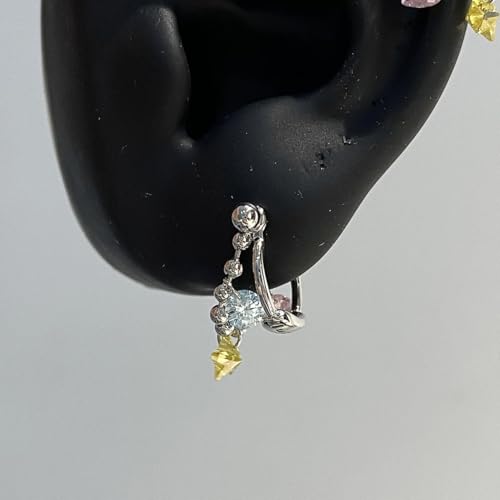 Silver Star Cartilage Huggie Earrings for Women – Crystal Celestial Charm Beaded Chain Dangle Helix Piercing Hoop Earrings, Pink Blue Y2K Vintage Trendy Jewelry Gift - color: 1PCS Silver Lucky