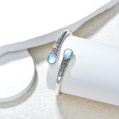 925 Sterling Silver Genuine Gemstone Bracelet for Women Men Handmade Adjustable Boho Navajo Style Bangle Cuff Natural Stone Jewelry Gift - color: Moonstone