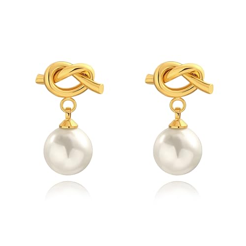 18K Gold Love Knot Stud Earrings for Women Statement Button Pearl Stud Earrings Minimalist Cute Small Post Earring - color: 10.Love knot