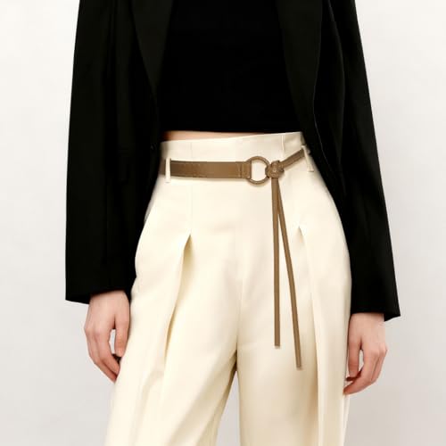 Knotted Waist Belt for Women PU Leather Thin Strap Belt for Dresses - color: Khaki
