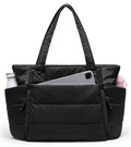 Tote Bag for Women with Zipper, Quilted Puffer Tote Bag with Compartments, Lightweight Puffy Work Bags for Women Travel - color: Black