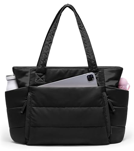Tote Bag for Women with Zipper, Quilted Puffer Tote Bag with Compartments, Lightweight Puffy Work Bags for Women Travel - color: Black