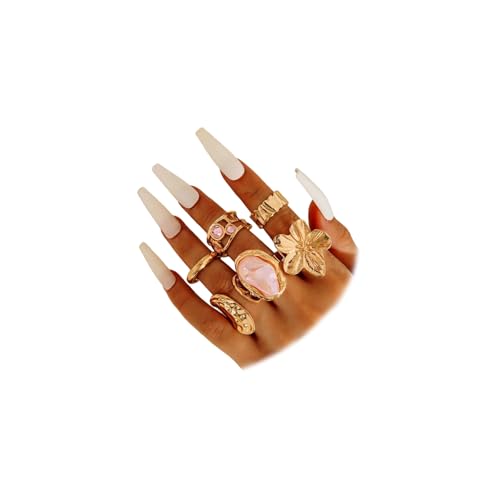 6Pcs Gold Flower Crystal Chunky Knuckle Rings Stacked for Women, Statement Stack Zirconia Hammered Geometry Irregular Baroque Pearl Open Ring Jewelry Gift - color: Light Red