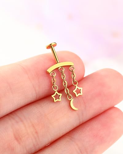 Crescent Moon Star Chain Vertical Hidden Helix Stud Earrings Dangle 316L Stainless Steel Flat Back Threadless Push-Pin Cartilage Rook Piercing Jewelry - color: gold