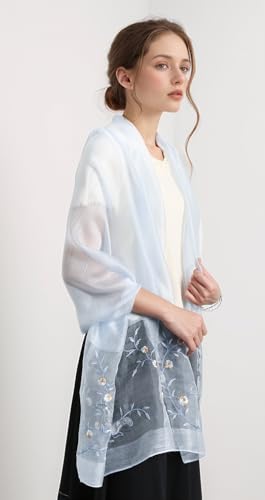 Jeelow Silk Blend Floral Fashion Scarf Shawl Wrap Lightweight Sheer For Women Floral Embroidery Wedding Party Prom - color: Bluebell Dream