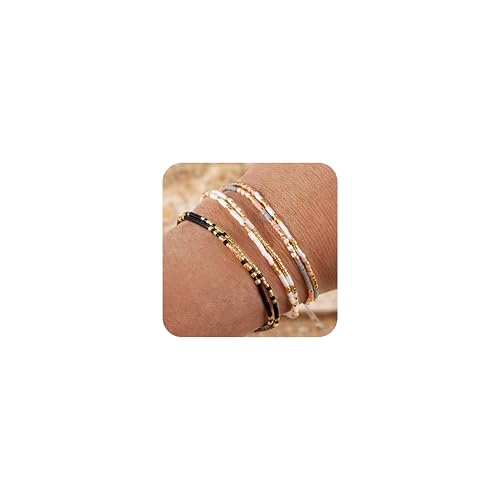 Boho Beaded Strand Friendship Bracelets set for Women,Adjustable Dainty Handmade Stackable White Gray Black 3PCS Couples String Rope Bracelet Bohemia Jewelry Gift