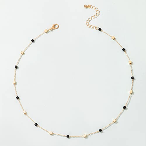 FUTIMELY Bohemia Green Beaded Beads Choker Necklace for Women,Simple Fresh Green Beaded Square Round Bead Choker Necklace - color: Gold+Black Gold Square