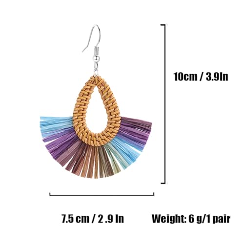 Boho Summer Beach Earrings for Women Lightweight Straw Wicker Earring Statement Raffia Fan Round Tassel Dangle Drop Earrings Hawaii Jewelry - style: Purple Teardrop