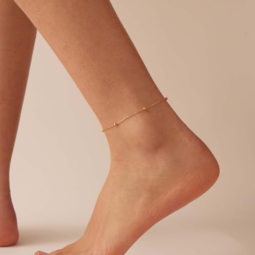 Dainty Ankle Bracelets for Women 18K Gold Plated Satellite Beaded Herringbone Lip Chain Anklets Simple Minimalist Summer Beach Foot Jewelry Christmas Gifts - color: Bead Chain -Gold