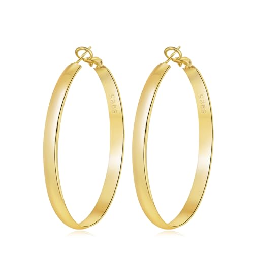 5mm Wide Gold Hoop Earrings for Women, 14K Gold Plated Big Chunky Hoop Earrings with S925 Sterling Silver Post, Hypoallergenic Lightweight Earrings Jewelry for Women 30/40/50/60/70mm - color: Gold-70mm