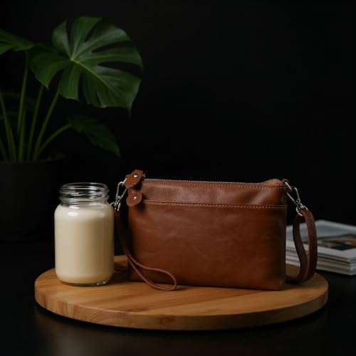 befen Genuine Leather Wristlet Clutch Wallet Purses with RFID Blocking, Small Crossbody Bags Shoulder Handbag for Women - color: Cognac Brown