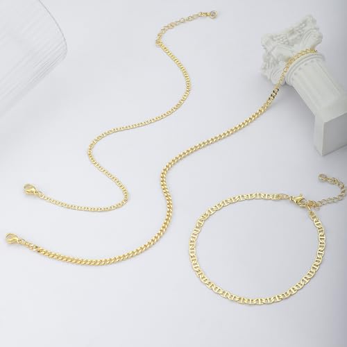 MIDEEO Gold/Silver Ankle Bracelets for Women,14K Gold Anklets for Women Waterproof Cuban Link Heart Beads Herringbone Rhinestone Anklets Set Layered Anklet Bracelets for Women Gold Jewelry Gift - style: 3Pcs Anklets D-Gold