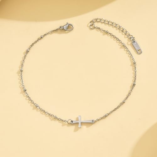Cross Anklets for Women, 18K Gold Plated Dainty Ankle Bracelets with Colorful Beads Pearl Anklet, Adjustable Religious Christian Satellite Cross Chain, Waterproof Boho Summer Beach Jewelry - style: Satellite Cross-White Gold