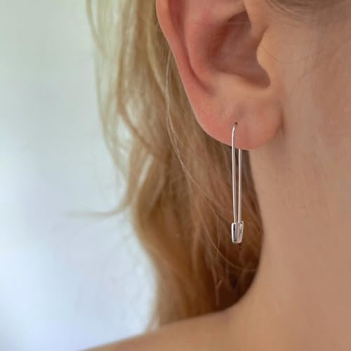 CHIC & ARTSY 925 Sterling Silver Safety Pin Earrings - Lightweight Comfortable Punk Paperclip Cartilage Hoop Earrings, Trendy Industrial Style Jewellery for Women and Men - color: White-#3