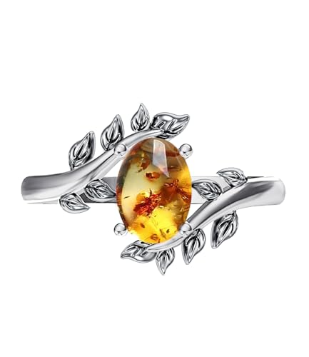 Genuine Turquoise Ring for Women Western Oval Gemstone Jewelry 925 Sterling Silver Leaf Bohemian Boho for Her Wife Mom - color: Amber